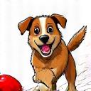 Whiteboard style illustration of a playful dog chasing a ball.